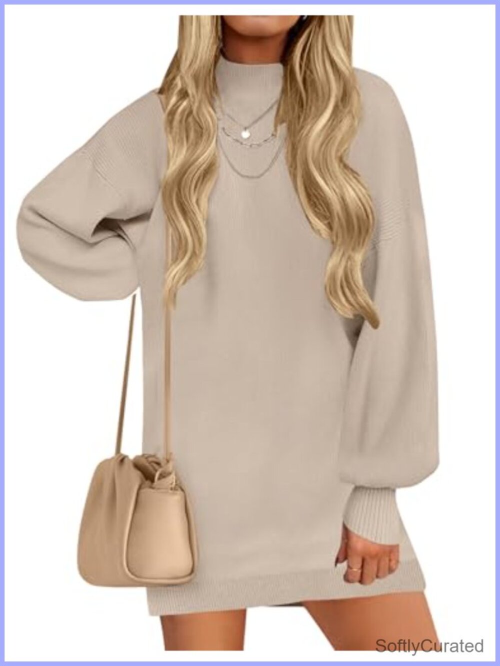 Mock Neck Mini Sweater Dress Lantern Sleeve Ribbed Knit Pullover